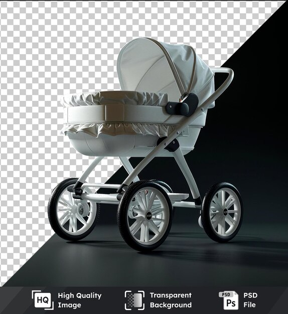 PSD transparent psd picture mockup of a white empty baby stroller with black wheels