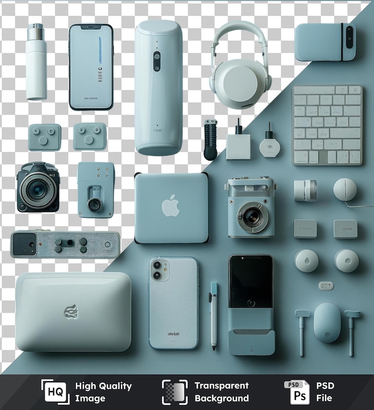 PSD transparent psd picture modern home automation gadgets set up on a blue table featuring a silver camera white ipod and gray and white keyboard