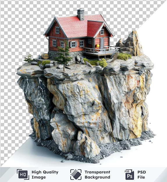 PSD 白い空を背景に崖の上に赤い家がある山の小屋の透明なpsd画像
