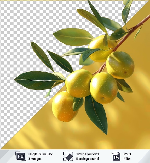 PSD Прозрачная фотография оливков, зеленых и желтых плодов на ветке с листьями