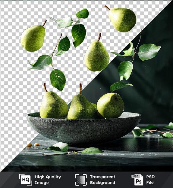 PSD Прозрачная psd-картина груш в макете миски с зеленым окружением на черном столе