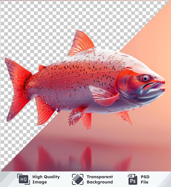 PSD Прозрачное изображение дикого лосося аляски, прыгающего с красной и оранжевой рыбой на заднем плане.