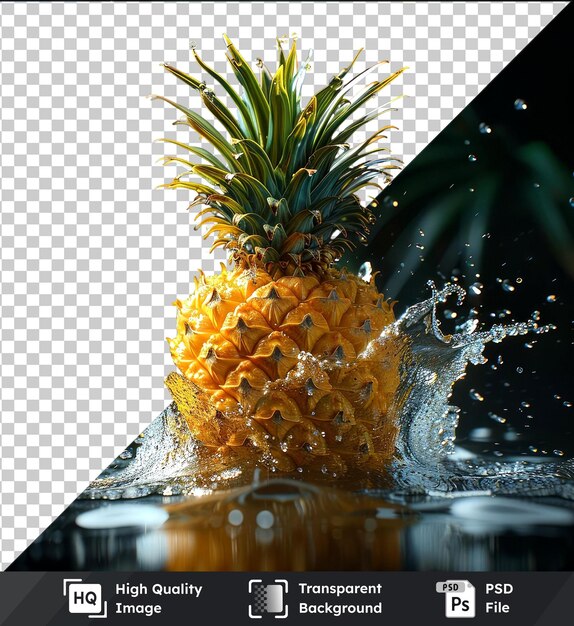 PSD transparent psd picture of a pineapple splashing in water with a yellow flower and reflection on a