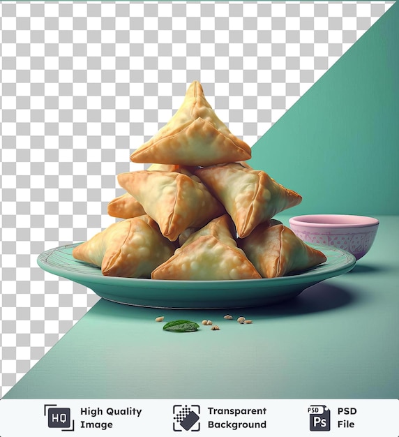 PSD transparent psd picture plate of samosas on a blue table against a green and blue wall with a pink bowl in the foreground and a dark shadow in the background