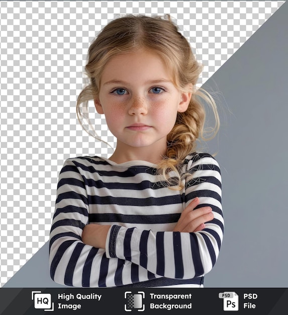 Transparent psd picture portrait of adorable girl in striped shirt looking at camera while making strong arm elbow sign and standing in studio