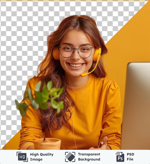 PSD transparent psd picture portrait of attractive trendy cheerful girl help desk service showing copy space for text