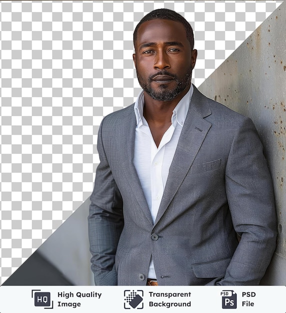 Transparent psd picture portrait of an elegant and handsome black businessman wearing gray suit in a concrete wall in the city