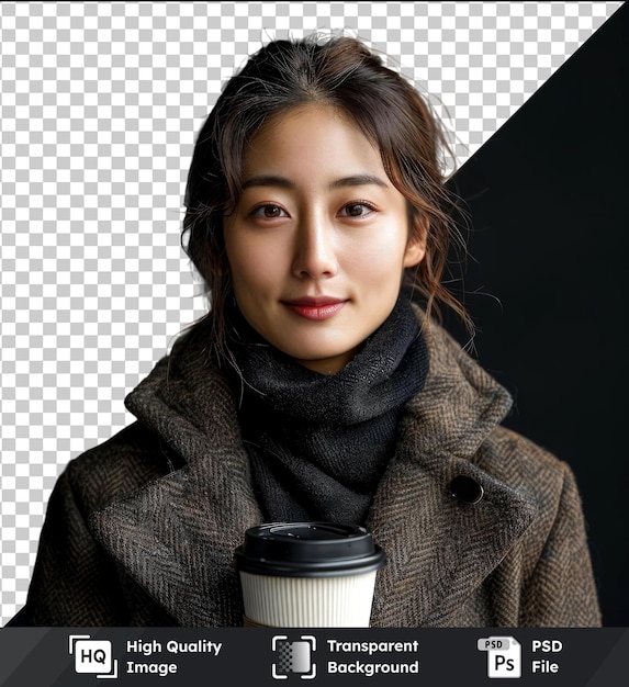 PSD transparent psd picture portrait of a lovely asian woman take away coffee cup studio image