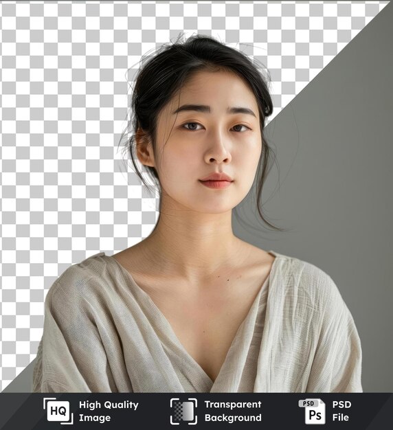 PSD 파란색 눈, 작은 코, 검은색과 갈색 눈, 작은 귀를 특징으로 한 회색과 색 벽 앞에 포즈를 취하는 젊은 아시아 여성의 투명한 psd 그림 초상화