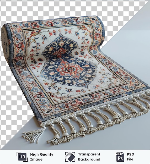 PSD transparent psd picture prayer rug for ramadan displayed on a transparent background against a white wall