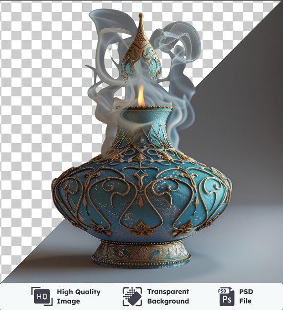 PSD transparent psd picture ramadan traditional incense holder with a blue vase and gold base adorned