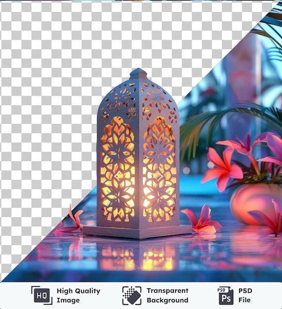 Transparent psd picture ramadan traditional kufi lantern on a table adorned with a variety of colorful flowers including pink red orange and red and pink blooms and a