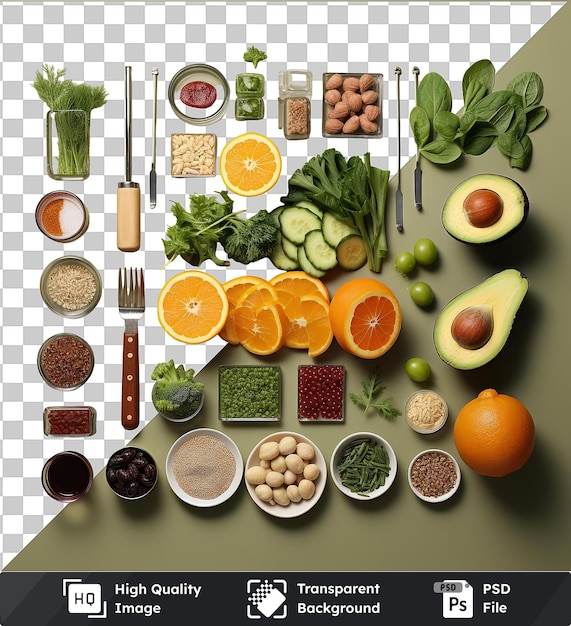 PSD transparent psd picture realistic photographic dietitian _ s meal plan a colorful assortment of fruits and vegetables including green avocados broccoli and oranges are arranged