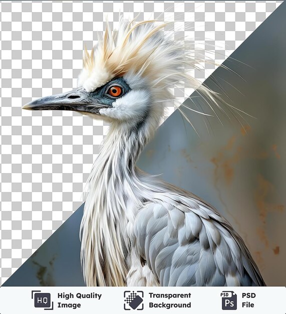 PSD 透明なpsd画像 リアルな写真 野生動物の観察 長い首とオレンジ色の目を持つ白い鳥が 枝に座って 灰色と白い羽を展示しています