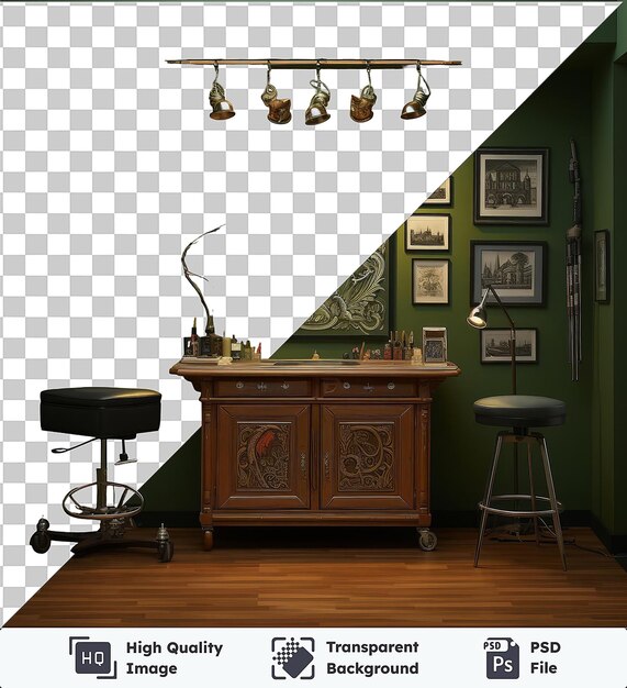PSD 透明なpsd画像 リアルな写真 タトゥーアーティスト 緑の壁のタトゥースタジオ 木製の床と黒い椅子