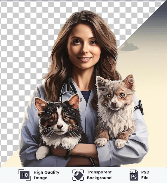 PSD transparent psd picture realistic photographic veterinarian39s pet clinic featuring a smiling woman with long brown hair holding a small white dog with pointy ears and a brown eye and a