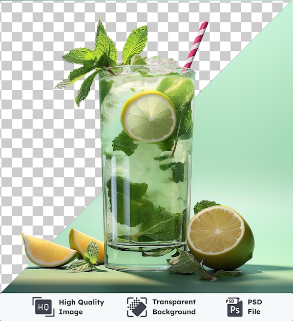Transparent psd picture refreshing mint mojito in a glass with lemon and lime
