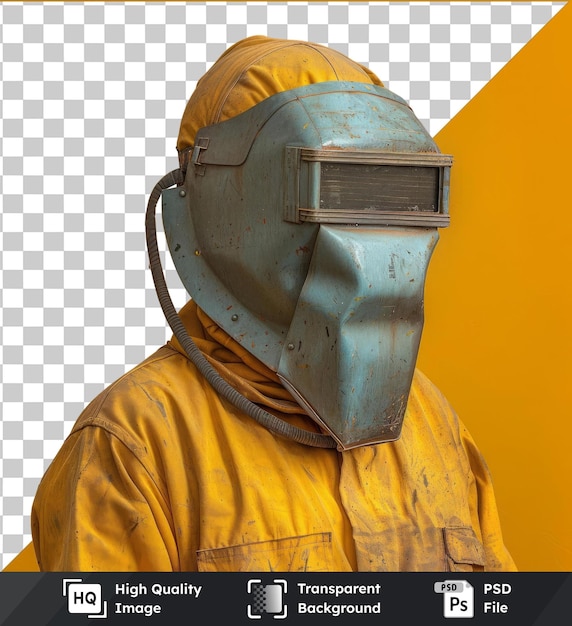 PSD uomo che indossa una maschera di saldatura professionale sulla testa che copre la faccia per la protezione dalla polvere e dalla sporcizia