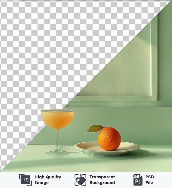 PSD transparent psd picture salep oranges and a clear glass on a transparent background against a green wall with a white shadow in the foreground