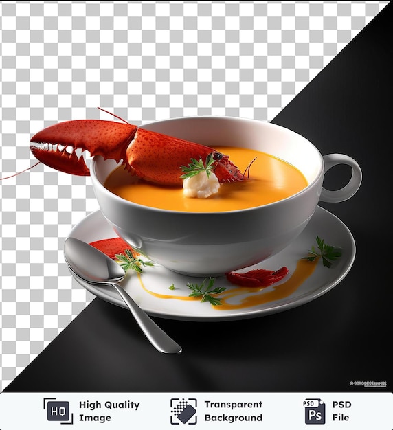 PSD 透明なpsd画像 辛口なロブスタービスケ 白い鉢で黒いテーブルで銀のスプーンで提供されます