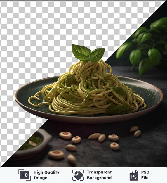 PSD Прозрачная картина псд вкусная макаронная паста с свежим базиликом и подается на черном столе в сопровождении небольшой миски и зеленого листа