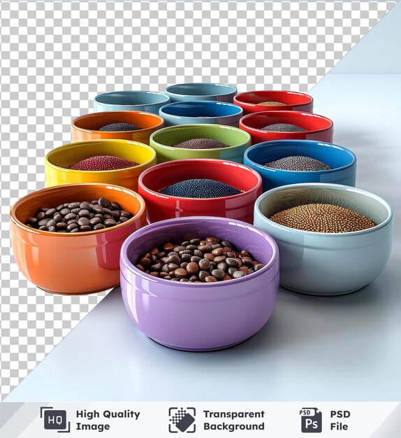 PSD transparent psd picture set of pet food bowl clipart with various colors and sizes including white