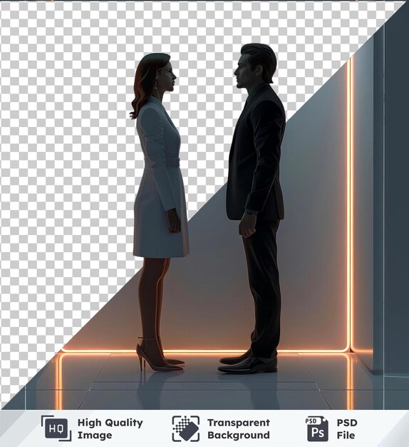 PSD transparent psd picture sign of man and woman a scale mockup of a man and woman standing in front of a white wall the man wears a black suit and black shoes while the