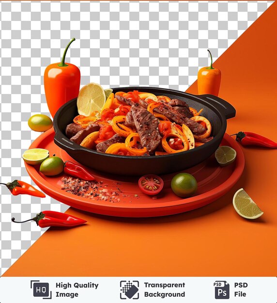 Transparent psd picture sizzling plate of fajitas with chilies limes and peppers on an orange table accompanied by a black bowl and a red pepper with a green