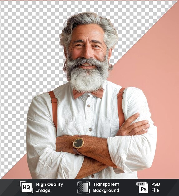 PSD transparent psd picture smiling elderly gray haired mustache bearded man in white shirt bow tie posing in studio people lifestyle concept mock up copy space pointing index finger to the camera