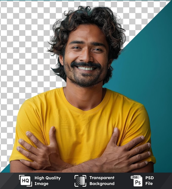 Transparent psd picture smiling positive indian man wearing yellow shirt holding fingers crossed while standing isolated over blue studio wall