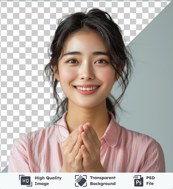PSD 핑크색 셔츠를 입은 미소 짓는 젊은 아시아 여성이 손을 치고 카메라를 바라보며 갈색 눈, 코, 머리카락, 분홍색 목걸이를 입고 있습니다.