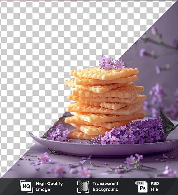 Transparent psd picture sohan papdi cookies stacked on a white plate accompanied by a purple flower in a white vase on a transparent background