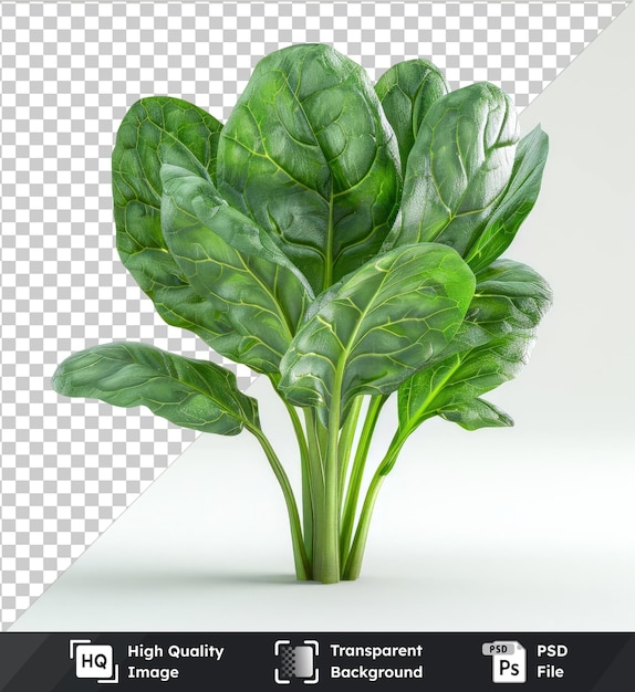 Transparent psd picture of spinach leaves on a green stem with a dark shadow