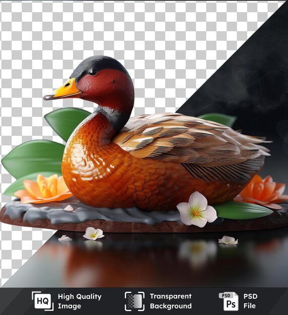 Transparent psd picture succulent roast duck with orange beak and black head sitting on a rock surrounded by white and orange flowers with a reflection of the scene in the water