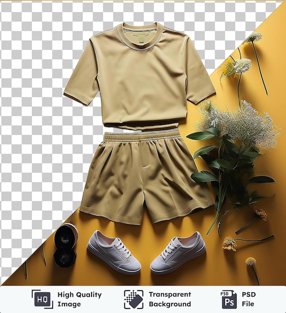 PSD 透明なpsd画像 夏のファッションセット 服 靴 黄色い背景の花