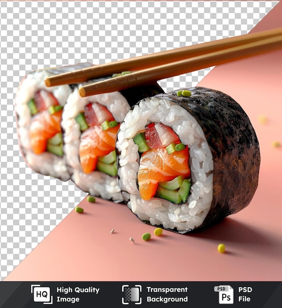 PSD transparent psd picture sushi roll mockup in chopsticks on a pink background