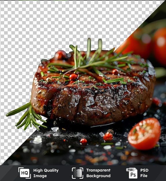 PSD 透明なpsd画像 黒いテーブルの上で美味しいグリルされた牛肉フィレットステーキ
