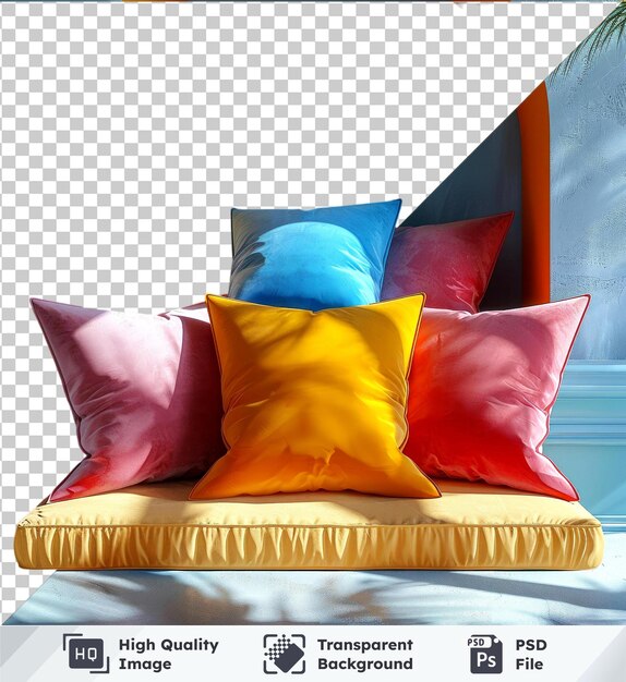 PSD transparent psd picture of three pillows pink blue yellow arranged on a bed with blue wall