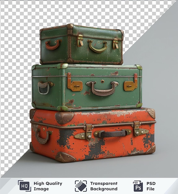 PSD transparent psd picture three stacked vintage suitcases isolated on a grey background