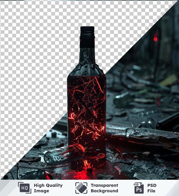 Transparent psd picture trash in a dark room with a glass bottle and a red light