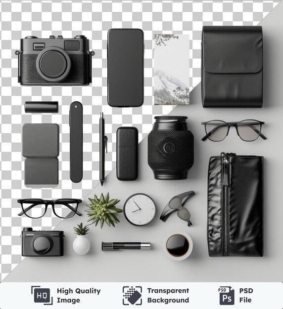 PSD transparent psd picture travel essentials set featuring black glasses a black camera a white vase and a small green plant on a transparent background