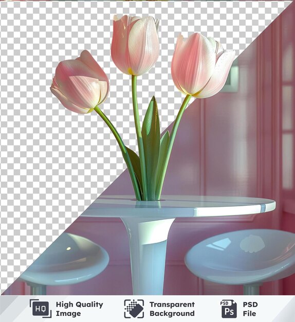 Transparent psd picture of a tulip table with flowers and a white stool against a pink wall