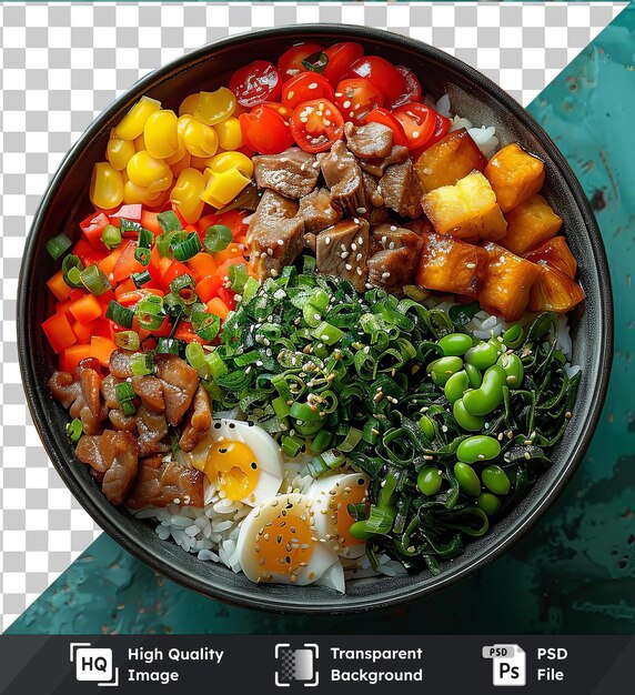 Transparent psd picture vegetable donburi bowl with meat eggs and vegetables on a blue table featuring a yellow pepper and a white and yellow egg