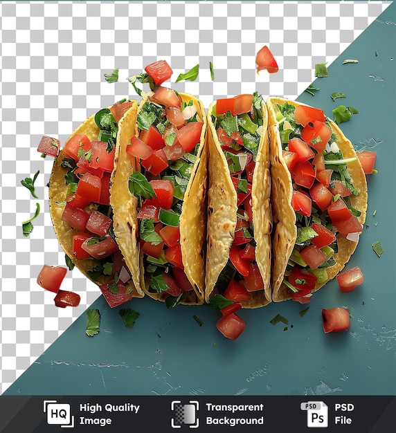 PSD tacos di verdure trasparenti con pomodori rossi affettati e serviti su un tavolo blu