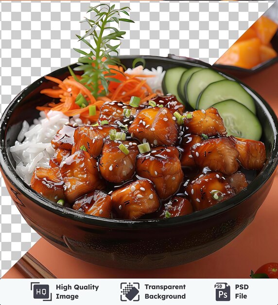 Transparent psd picture vegetable teriyaki chicken served in a black bowl with white rice accompanied by sliced green cucumbers and orange carrots on an orange table