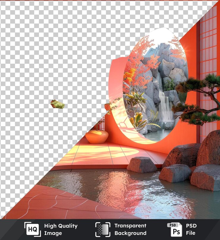 PSD transparent psd picture of vibrant shabu shabu interior with orange and red wall green tree orange
