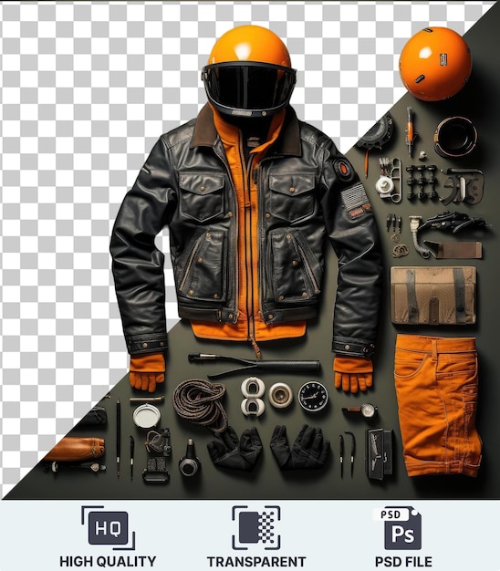 Immagine psd trasparente set di attrezzature e accessori per motociclette d'epoca con giacca di pelle, casco arancione, pistola nera, fotocamera d'argento e pantaloni arancione contro una parete nera