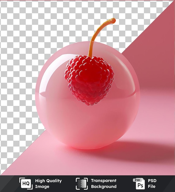 Transparent psd picture warabimochi fruit in a white bowl on a pink table accompanied by a yellow and green stem and a red ball with a dark shadow in the background