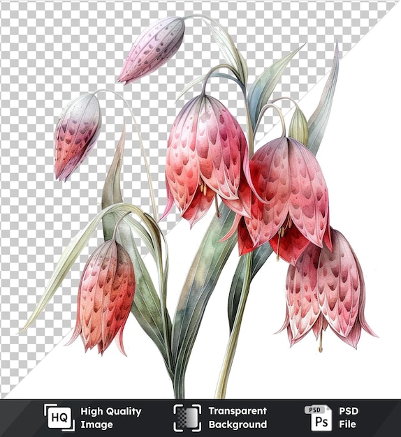 PSD transparent psd picture with beautiful watercolor fritillaria flowers and leaves clipart