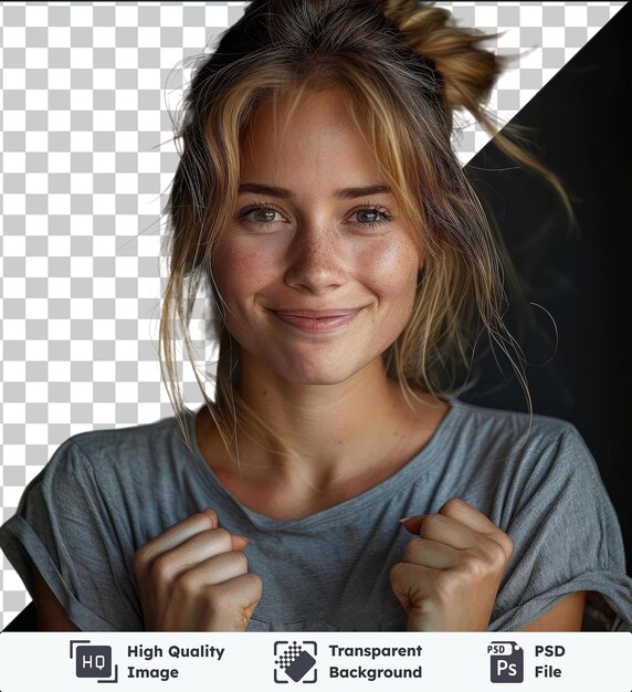 PSD transparent psd picture a woman in a grey shirt with the words i love you on her shirt showcasing her striking blue and brown eyes small nose and blonde hair while her hand